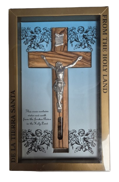CRUCIFIX EN BOIS D'OLIVIER avec FIOLE EAU BENITE 16cm