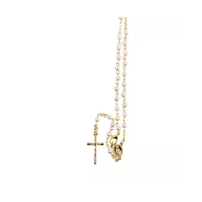 Chapelet collier doré mini-perles nacré blanc