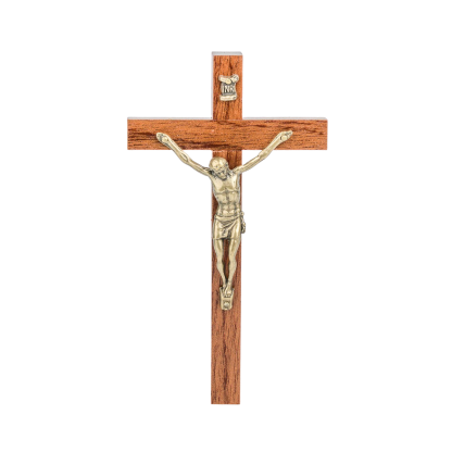Crucifix bois marron vernis avec Christ métal bronzé